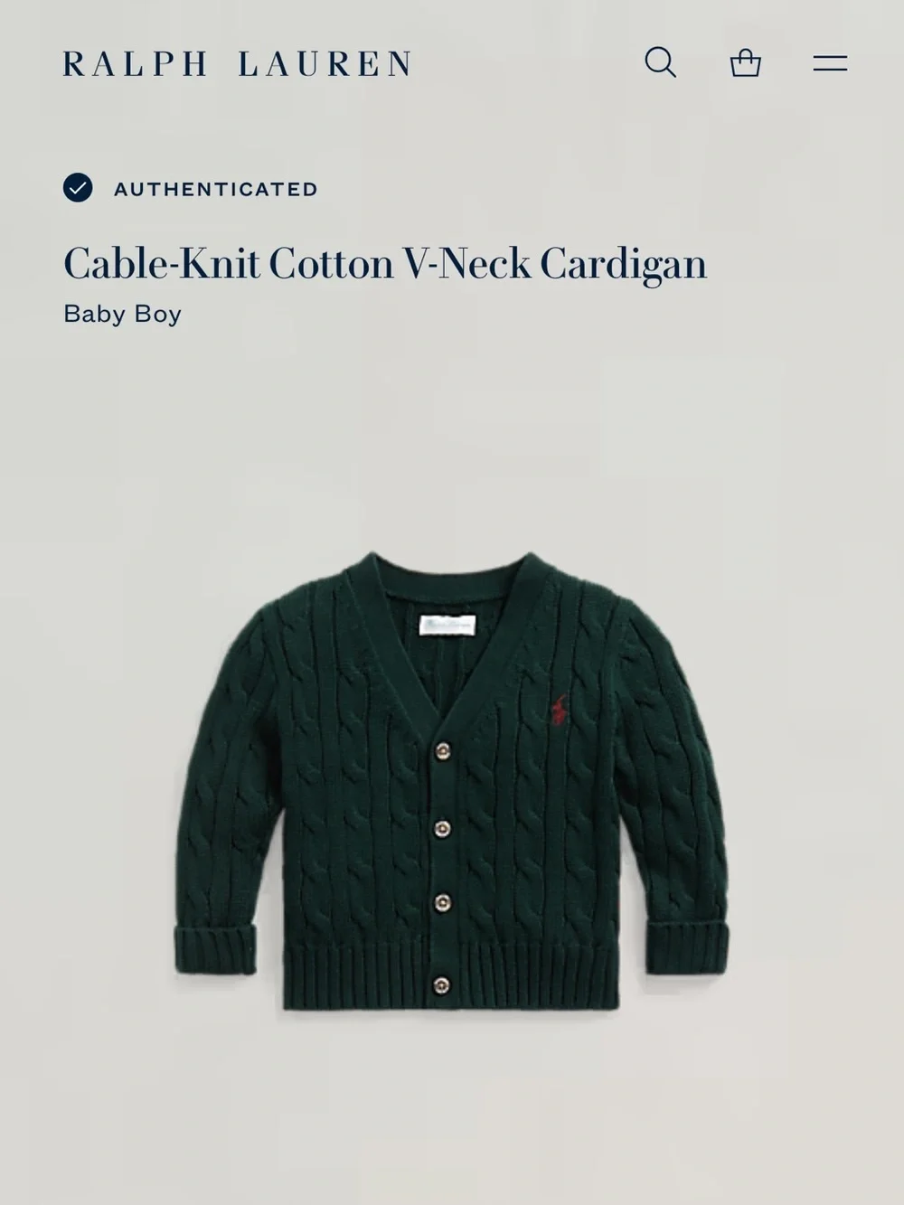 Ralph Lauren Hunter green cable knit V neck cardigan sweater boys 24m cotton